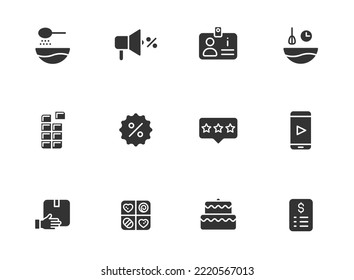 online sweet shop glyph icons isolated on white background. online sweet shop glyph icon set for web, mobile apps, ui design, print polygraphy and promo advertising business
