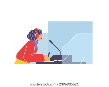 Online synchronic translation services and international interpreting. Vector isolated illustration of woman multi language translator, linguist in microphone help understanding and interpreting
