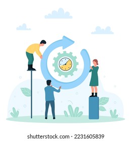 Online system and software updates and upgrades vector illustration. Cartoon tiny people holding arrow cycle symbol with gear and clock inside, working with renewal version of program product