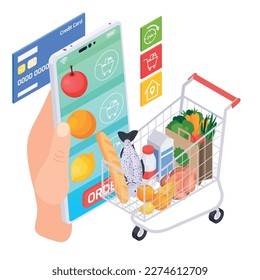 Online takeaway food order delivery service isometric composition of supermarket cart grocery products hand with smartphone vector illustration