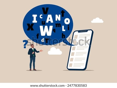 Online talk with jargon word in speech bubble dialog make businessman confused. Complicated conversation, difficult to explain. Flat vector illustration.