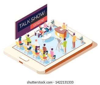 Online talk show isometric composition with host operators and guests in studio 3d vector illustration