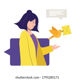 Hablando en línea, charlando. Concepto de enviar y recibir mensajes, redes sociales. Chica vamos de un pájaro con letra. Relaciones virtuales. Ilustración vectorial aislada