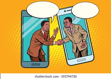 Online the talks of the two businessmen. Pop art retro vector illustration. African American people