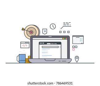 Online targeting concept. Line modern vector illustration. Laptop with website and search engine. Arrow and bullseye, cup of coffee, calendar and other office stuff.