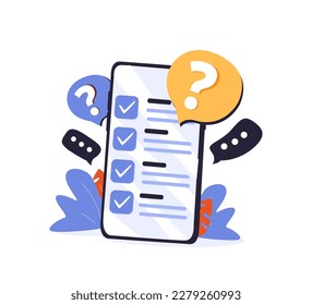 Online task management todo check list with mobile phone, form vote in phone, survey, feedback, questionnaire, mark choice document. Exam checklist reminder icon. Phone icon vector flat illustration