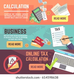Online tax accountanting, taxation, business finance vector banners set. Tax finance declaration, illustration of tax form