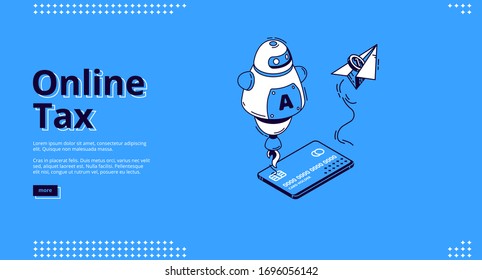 Online tax banner. Smart mobile payment concept. Vector landing page of electronic finance, digital transaction with isometric icon of virtual banking card, chatbot and paper airplane from bill