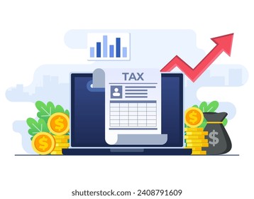 Factura fiscal en línea sobre la plantilla de vector de ilustración plana para portátiles, Comprobación de facturas de servicios públicos costosas, Gestión financiera personal, concepto de negocio y economía