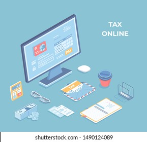 Online tax, bills, invoices paying, accounting. Payment Application Interface on the monitor screen, credit card, documents, bills, calculator, money on the desk. Isometric 3d vector