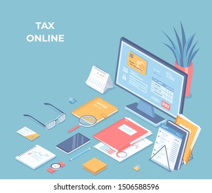 Online tax, bills, invoices paying, accounting. Payment Application Interface on the monitor screen, credit card, documents, calendar, calculator, notebook on the desk. Isometric 3d vector