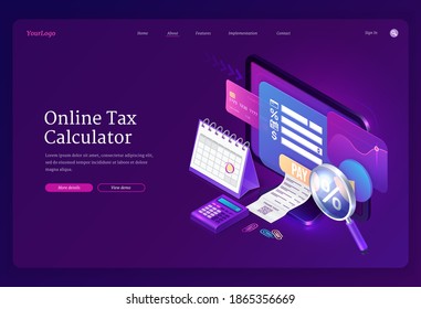 Online tax calculator banner. Concept of income audit, digital finance analysis and taxation payments. Vector landing page with isometric accounting form on computer monitor, receipt and credit card