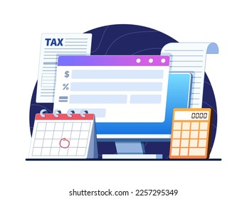 Online tax calculator concept.
Calculating Taxes with Online Tax Calculator on a website.
Financial research report and calculation of tax return.
Suitable for landing page, website, apps, infographic