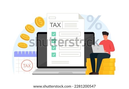 Online tax concept. Man character calculating and filling online tax declaration. Flat vector illustration isolated on white background.