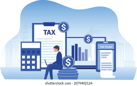 Online tax filing concept, businessman filling tax form documents online vector illustration 