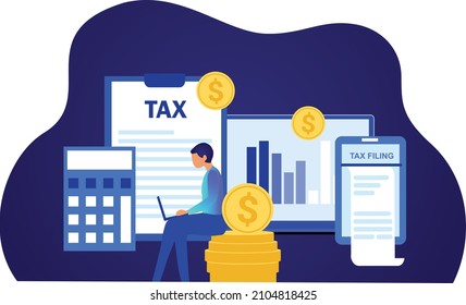 Online tax filing concept, businessman filling tax form documents online vector illustration