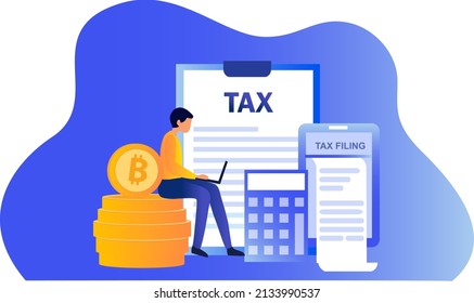 Online Tax Filing Concept, Businessman Filling Tax Form Documents Online Vector Illustration 