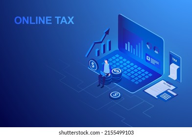 Online Tax Filing Concept, Businessman Filling Tax Form Documents Online Vector Illustration 