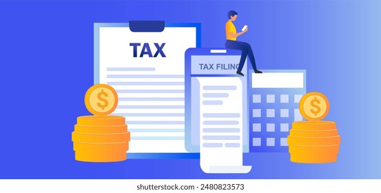 Online tax filing concept, businessman filling tax form documents online vector illustration 
