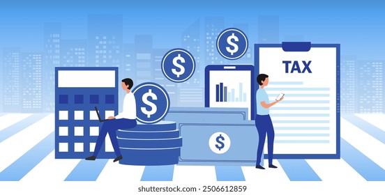 Online tax filing concept, businessman filling tax form documents online vector illustration 
