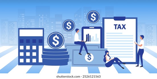 Online tax filing concept, businessman filling tax form documents online vector illustration 