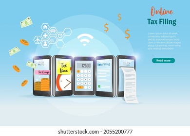 Online tax filing, income e tax and tax exemption on smartphone screen. Financial network connecting technology develop paperless and smart tax filing process. 3D vector.