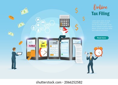 Online Tax Filing, Income E Tax And Tax Refund On Smartphone Screen. Business Man And Woman Using Financial App On Smart Phone Online Submit Paperless Tax Filing. 3D Vector.