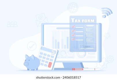 Online tax form concept. Financial accounting, income report, tax deduction, filling out tax forms, manage taxes. Flat vector design illustration.