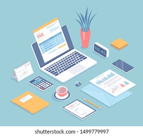 Online tax form filling on laptop screen. Payment, bookkeeping, accounting. Invoices, calendar, calculator, folders, phone, documents with charts on the table. Isometric 3d vector illustration.