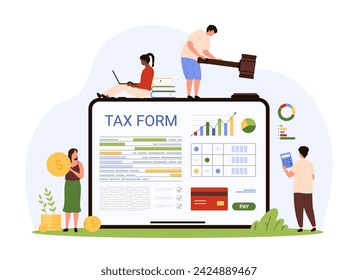 Online tax form filling and payment guide. Tiny people pay for electronic statement on tablet screen, plan accounting for tax expenses and audit in digital bank account cartoon vector illustration