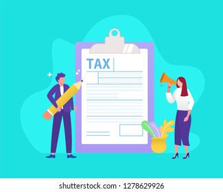 Online tax form vector illustration concept, people filling tax form, can use for, landing page, template, ui, web, mobile app, poster, banner, flyer