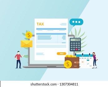 online tax invoice payment with paper document calculator laptop and people - vector illustration