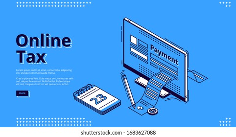 Online tax isometric landing page. Large payment bill coming out of computer desktop screen. Smart technologies for banking accounting, application for internet taxation, 3d vector line art web banner