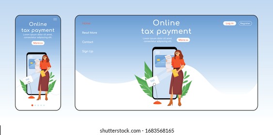 Online tax payment adaptive landing page flat color vector template. E commerce mobile and PC homepage layout. Utility services one page website UI. E payment app webpage cross platform design