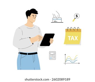 Online tax payment. ax calculation, making income tax return. Personal financial account. Young man pay bills via tablet. Vector illustration on isolated white background.	
