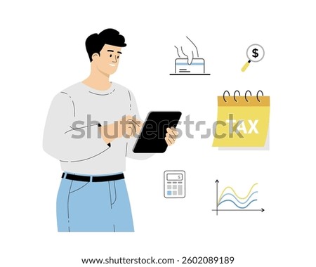 Online tax payment. ax calculation, making income tax return. Personal financial account. Young man pay bills via tablet. Vector illustration on isolated white background.	
