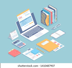 Online tax payment, bookkeeping, accounting. Tax form on a laptop screen, accounts, calendar, calculator, folders, wallet, documents with charts on the table. Isometric 3d vector illustration.