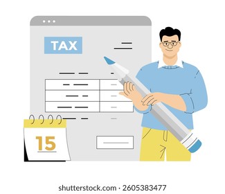 Online tax payment. Tax calculation, making income tax return. Personal financial account. Man with tax bill, calendar, pencil. Vector illustration on isolated white background.	
