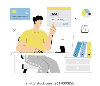 Online tax payment. Tax calculation, making income tax return. Personal financial account. Man pay bills online on the website form via computer. Vector illustration on isolated white background.