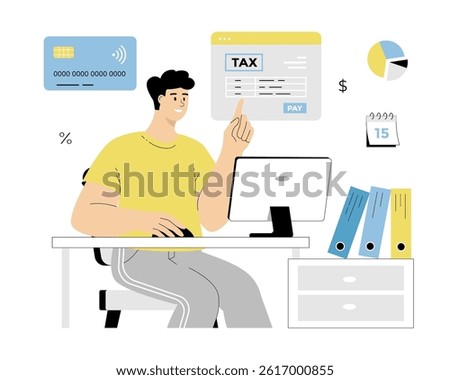 Online tax payment. Tax calculation, making income tax return. Personal financial account. Man pay bills online on the website form via computer. Vector illustration on isolated white background.