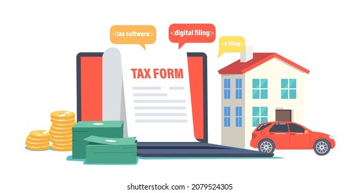 Online Tax Payment Concept. Application for Tax Form on Laptop Screen, Real Estate House, Car and Money. Taxation Submitting System, Software for Payment, E-filling. Cartoon Vector Illustration