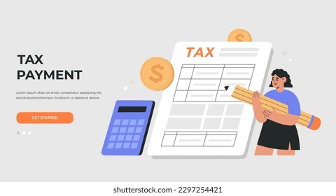 Online tax payment concept. Calculation and filling of tax return. Financial report. Landing page template. Vector illustration, isolated on light background, flat cartoon style.