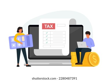 Online tax payment concept. Characters using laptop to filling tax declaration form online. Flat vector illustration isolated on white background.