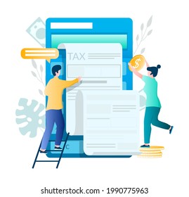 Ilustración vectorial plana del concepto de pago de impuestos en línea. Smartphone, personajes contribuyentes haciendo pagos. Aplicación de relleno de formularios de impuestos móviles.