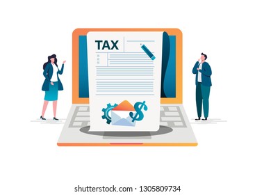 Online tax payment concept, people filling application form tax form. Flat vector illustration. cartoon character graphic design. Landing page template,banner,flyer,poster,web page