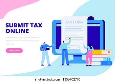 Online tax payment concept. Submit tax online. People filling tax form. Flat vector illustration for web. 