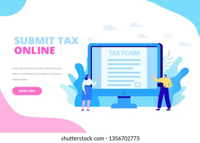 Online tax payment concept. Submit tax online. People filling tax form. Flat vector illustration for web. 