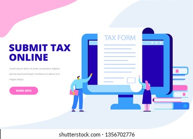 Online Tax Payment Concept. Submit Tax Online. People Filling Tax Form. Flat Vector Illustration For Web. 