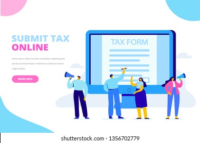 Online tax payment concept. Submit tax online. People filling tax form. Flat vector illustration for web. 