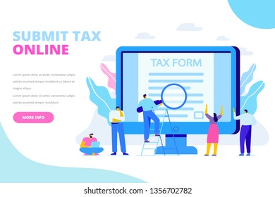 Online tax payment concept. Submit tax online. People filling tax form. Flat vector illustration for web. 